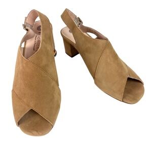 Eric Michael Womens‎ 8.5 Tan Suede Slingback Block Heel Peep Toe Sandals